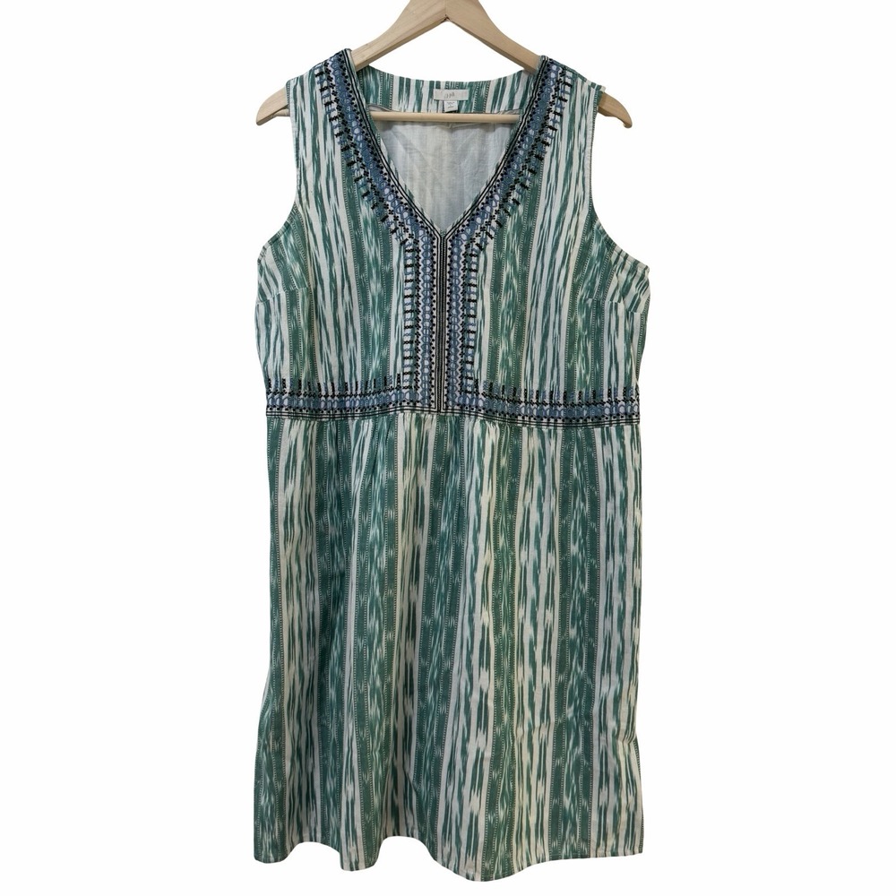 J Jill Embroidered Abstract Print Mini‎ Shift Dress Size LP Green Beachy Coastal